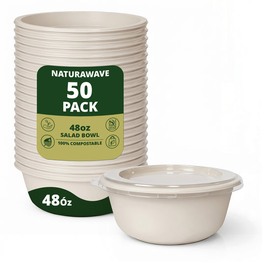 50-Pack Biodegradable Compostable Salad Bowls with Lids – Bagasse Bowls and PET Lids