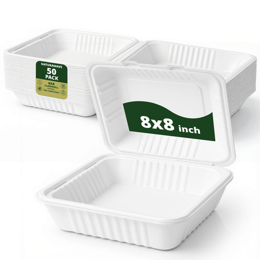 Compostable Clamshell Food Containers 50-Pack, Biodegradable Sugarcane To Go Boxes, Heavy Duty Paper Container - Microwave & Freezer Safe, Stackable