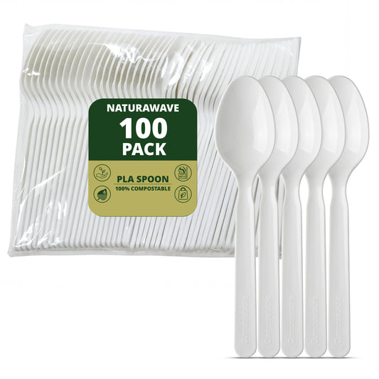 Compostable Spoons 100 Count, No Plastic Biodegradable PLA Spoons Disposable Eco Friendly Heavy Duty Cutlery Suitable for Party Picnic Office Everyday Use