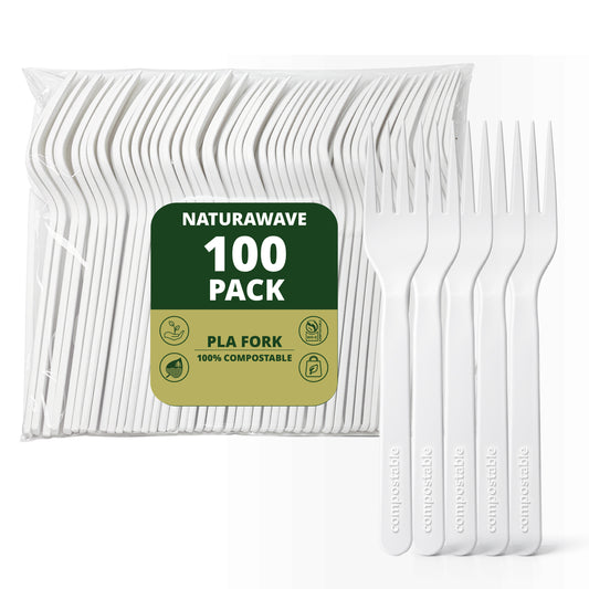 Compostable Forks 100 Count, No Plastic Biodegradable PLA Forks Disposable Eco Friendly Heavy Duty Cutlery Suitable for Party Picnic Office Everyday Use