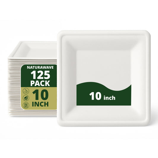 Compostable Square Paper Plates 125 Pack Disposable, Eco-friendly Heavy Duty Biodegradable Sugarcane Plates