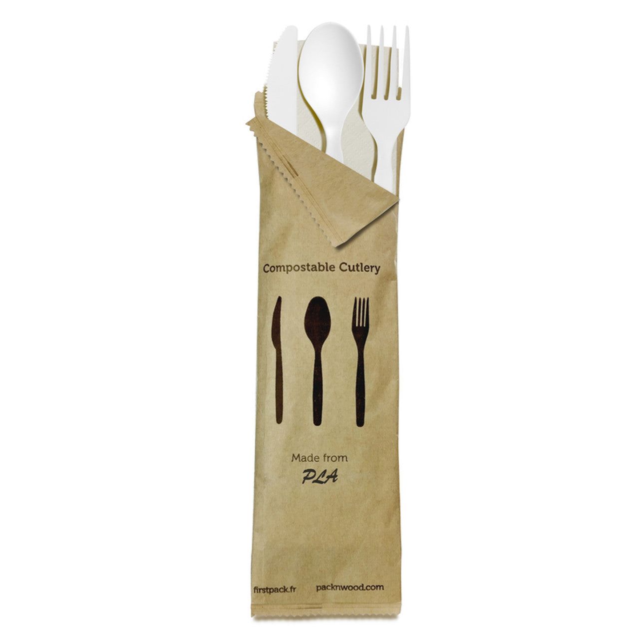 Compostable Biodegradable PLA White 4/1 Cutlery Kit with Kraft Bag (Knife, Fork, Spoon, Napkin) – 500 Sets
