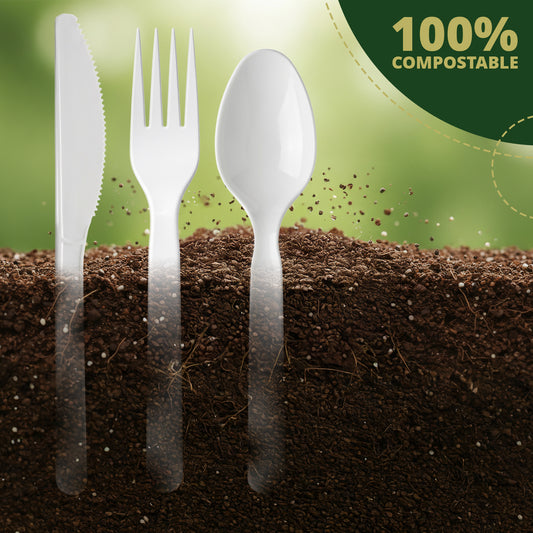 Compostable Biodegradable PLA White 4/1 Cutlery Kit with Kraft Bag (Knife, Fork, Spoon, Napkin) – 500 Sets