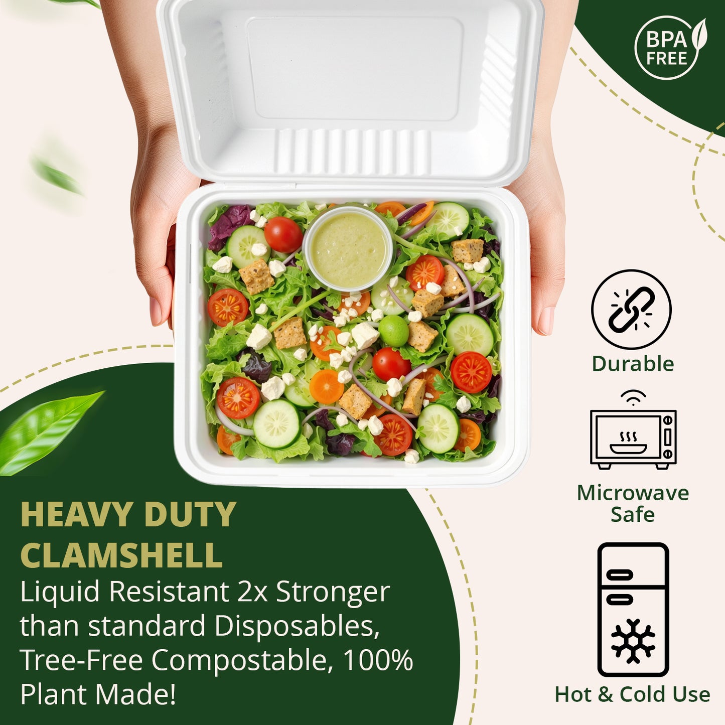 Compostable Clamshell Food Containers 50-Pack, Biodegradable Sugarcane To Go Boxes, Heavy Duty Paper Container - Microwave & Freezer Safe, Stackable
