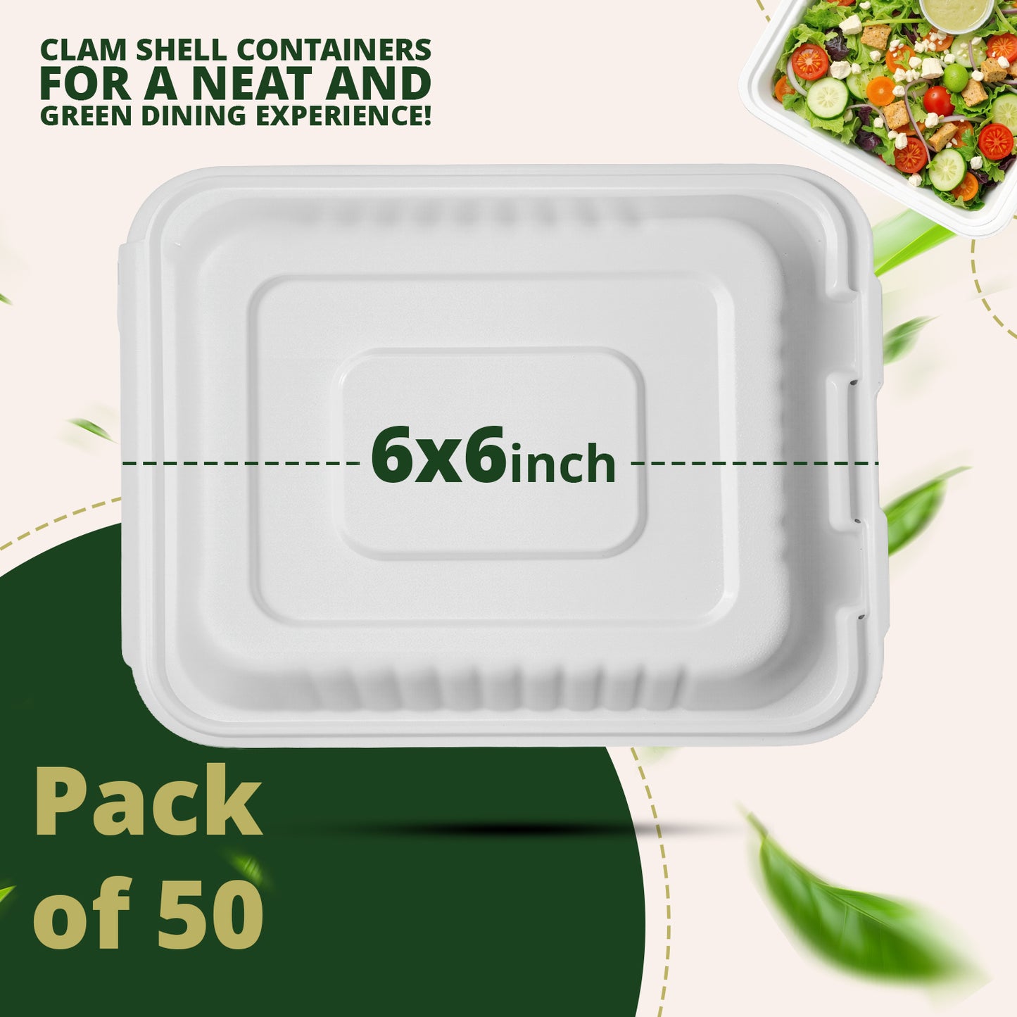 Compostable Clamshell Food Containers 50-Pack, Biodegradable Sugarcane To Go Boxes, Heavy Duty Paper Container - Microwave & Freezer Safe, Stackable