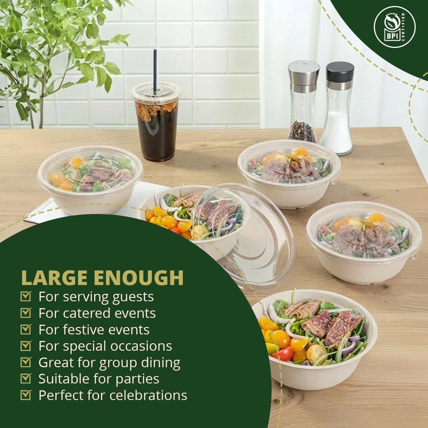 50-Pack Biodegradable Compostable Salad Bowls with Lids – Bagasse Bowls and PET Lids
