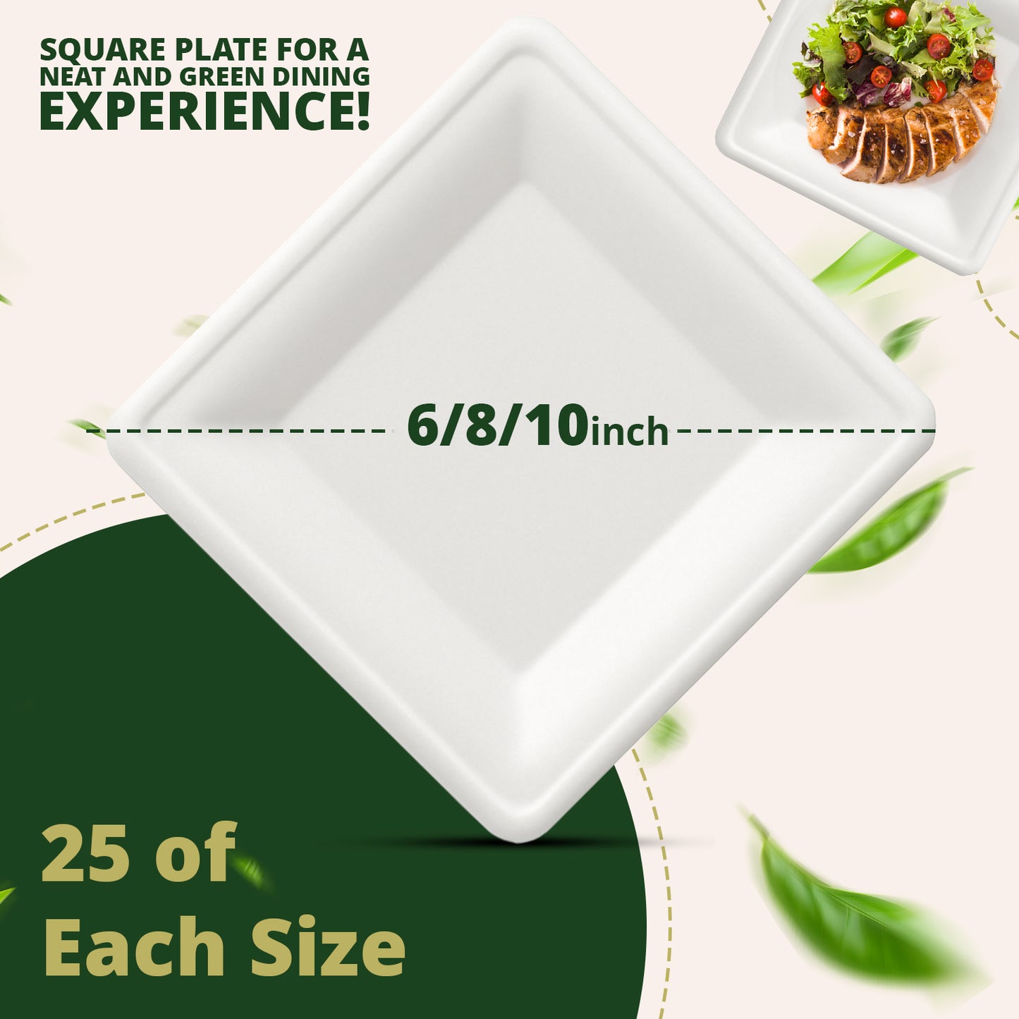 Square Paper Plates, [50-Pack] Compostable Disposable Plates, Eco-friendly Heavy Duty Biodegradable Sugarcane Plates-6 Inch