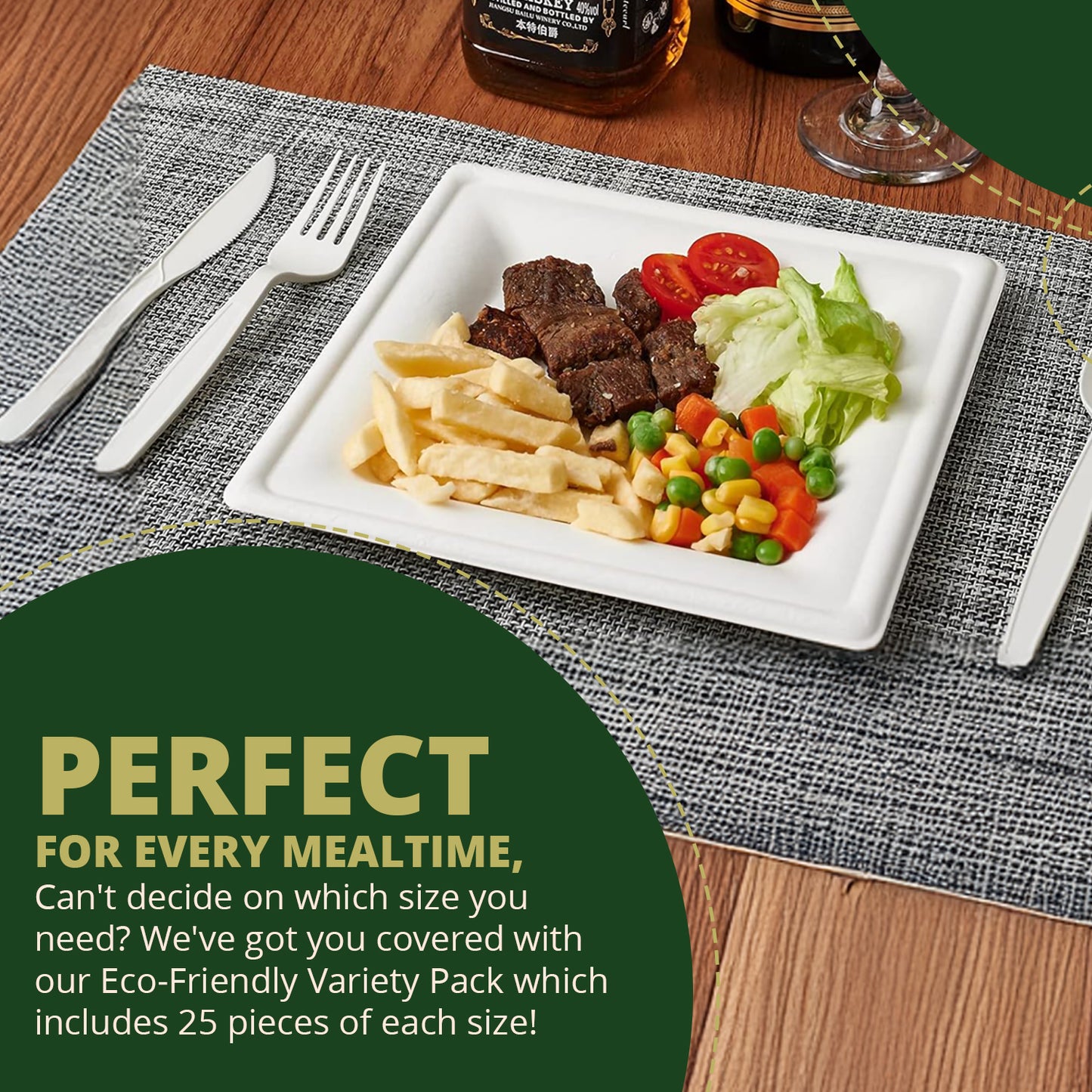 White Square Disposable Plates [75-Pack] – Includes 25 6-Inch, 25 8-Inch, and 25 10-Inch Plates – Multipack Family Set