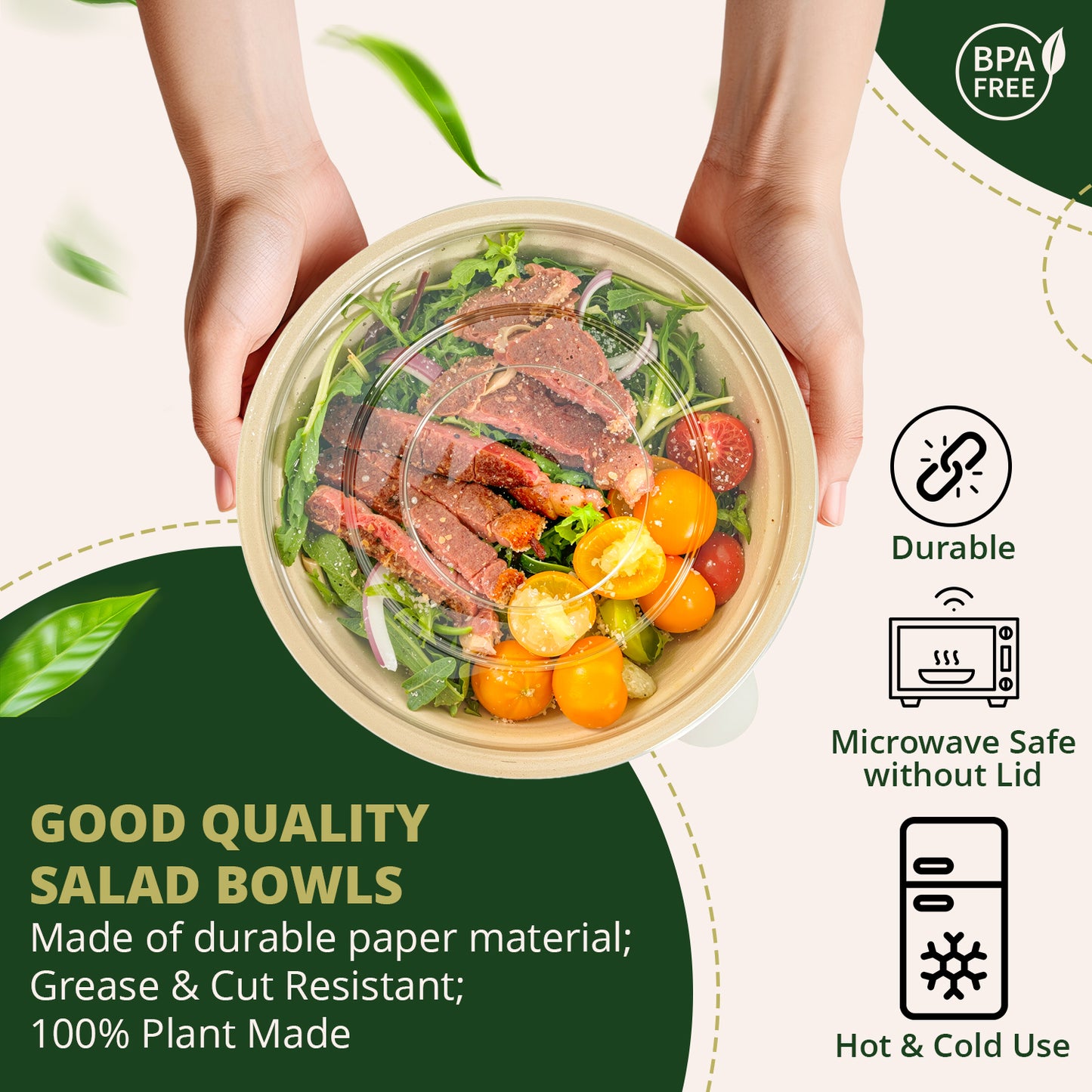 50-Pack Biodegradable Compostable Salad Bowls with Lids – Bagasse Bowls and PET Lids