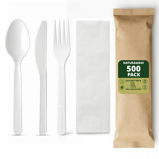 Compostable Biodegradable PLA White 4/1 Cutlery Kit with Kraft Bag (Knife, Fork, Spoon, Napkin) – 500 Sets