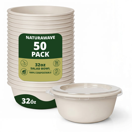 50-Pack Biodegradable Compostable Salad Bowls with Lids – Bagasse Bowls and PET Lids