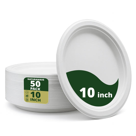 Compostable Round Plates Heavy-Duty [50-Pack] Eco-Friendly White Bagasse Disposable Dinner Plates From Natural Sugarcane