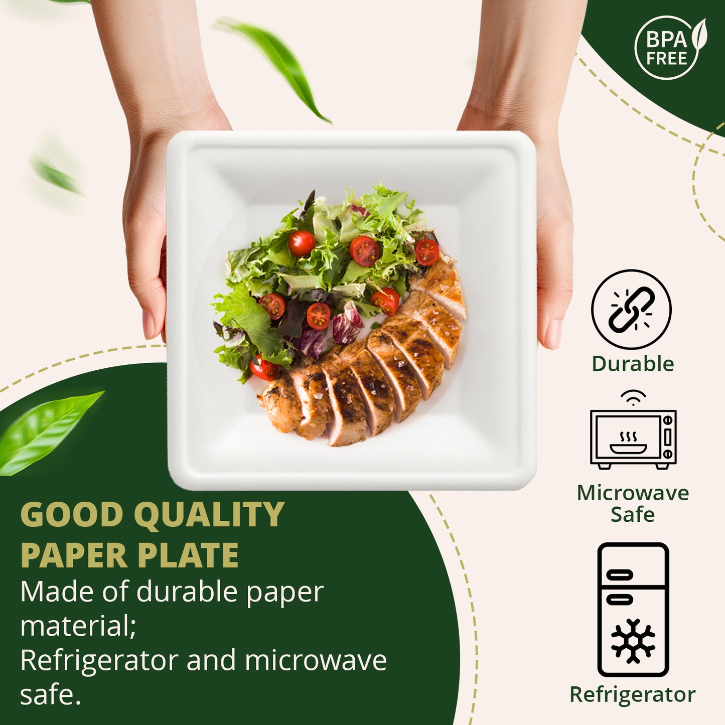 Square Paper Plates, [50-Pack] Compostable Disposable Plates, Eco-friendly Heavy Duty Biodegradable Sugarcane Plates