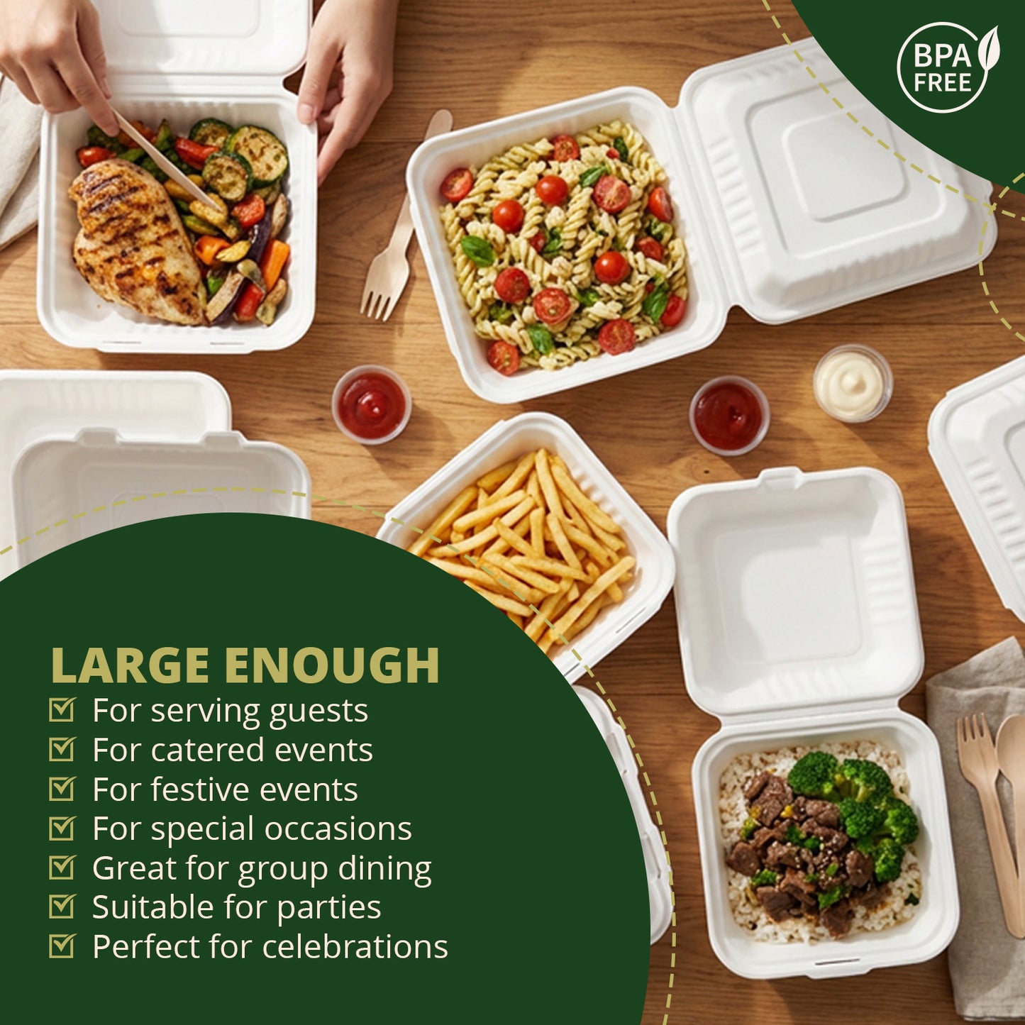Compostable Clamshell Food Containers 50-Pack, Biodegradable Sugarcane To Go Boxes, Heavy Duty Paper Container - Microwave & Freezer Safe, Stackable