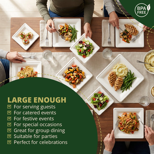 White Square Disposable Plates [75-Pack] – Includes 25 6-Inch, 25 8-Inch, and 25 10-Inch Plates – Multipack Family Set