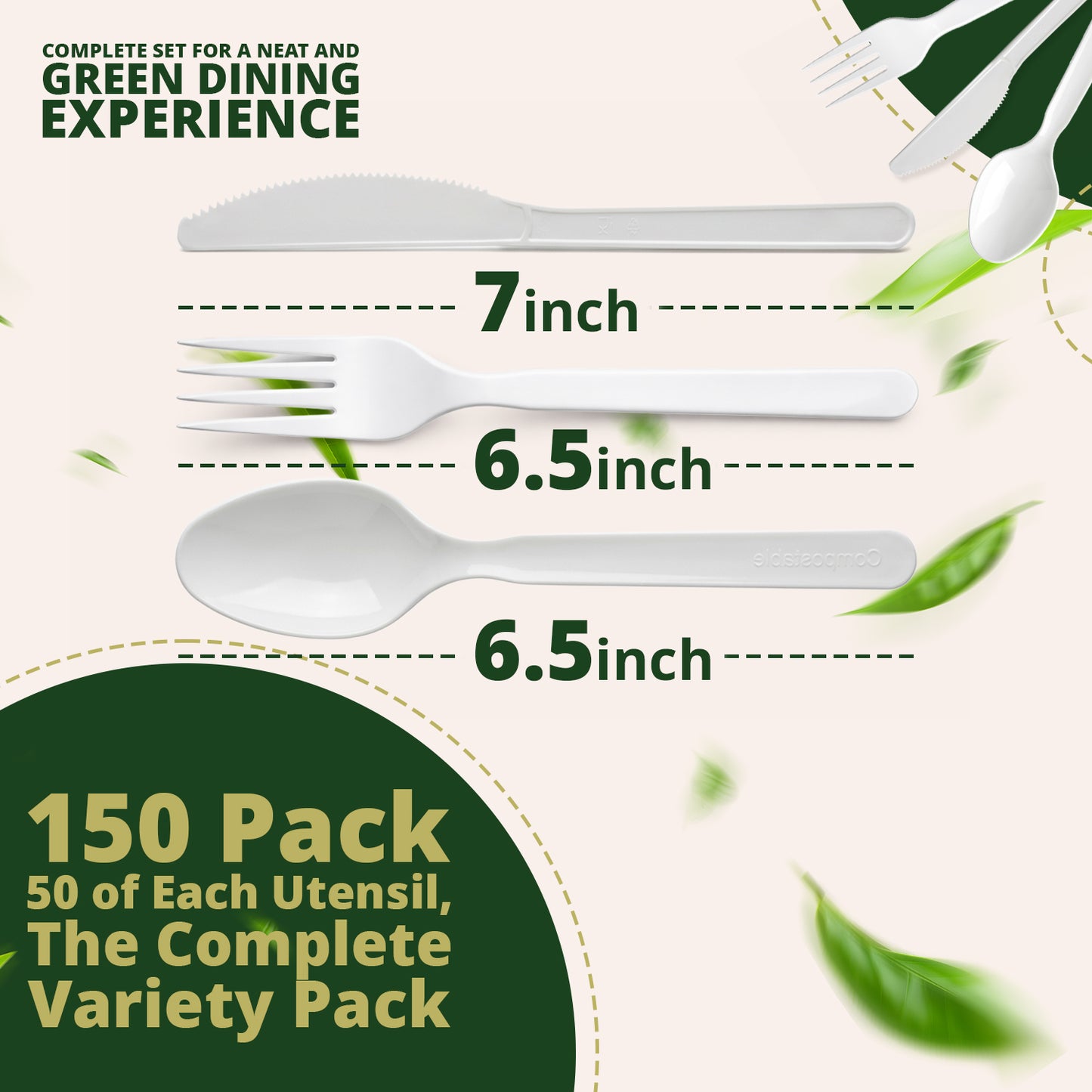150-Piece Biodegradable Cutlery Set – 50 Forks, 50 Spoons, 50 Knives Compostable PLA Eco-Friendly Utensils