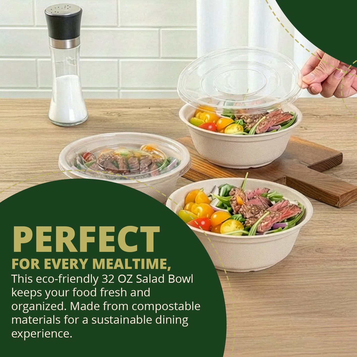 50-Pack Biodegradable Compostable Salad Bowls with Lids – Bagasse Bowls and PET Lids