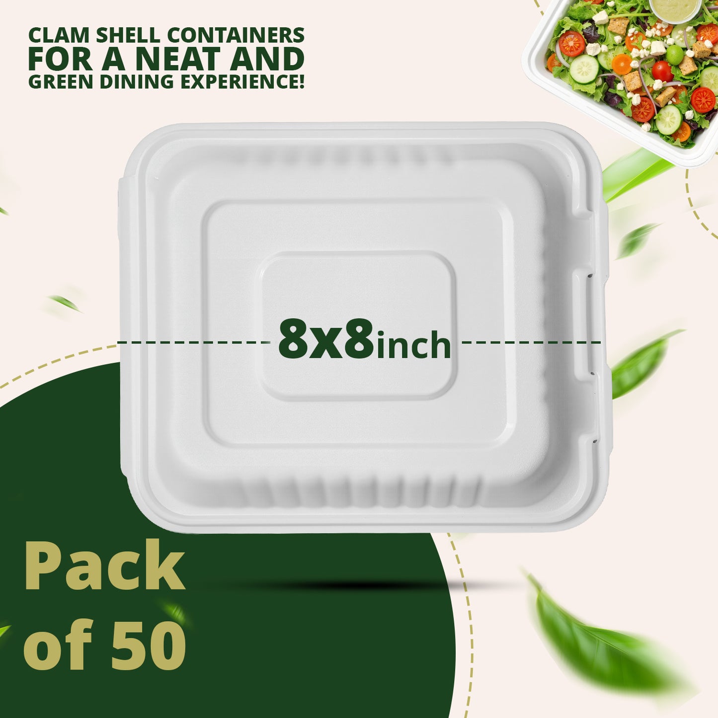Compostable Clamshell Food Containers 50-Pack, Biodegradable Sugarcane To Go Boxes, Heavy Duty Paper Container - Microwave & Freezer Safe, Stackable