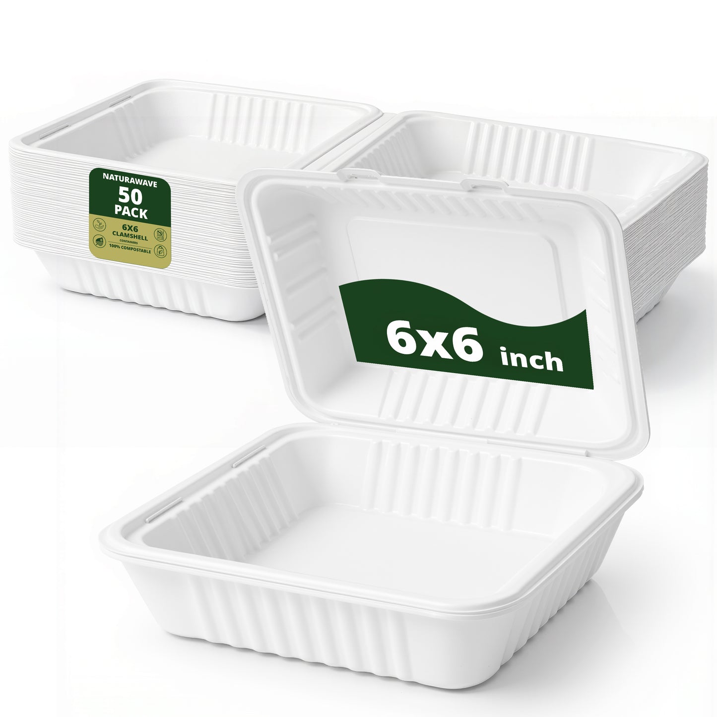 Compostable Clamshell Food Containers 50-Pack, Biodegradable Sugarcane To Go Boxes, Heavy Duty Paper Container - Microwave & Freezer Safe, Stackable