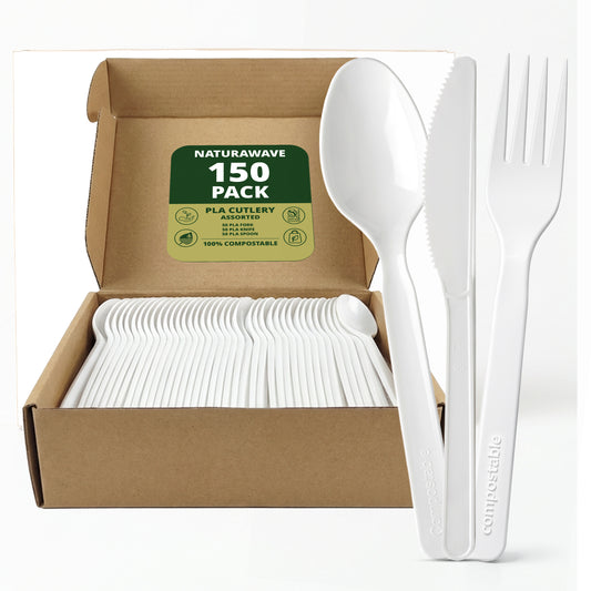 150-Piece Biodegradable Cutlery Set – 50 Forks, 50 Spoons, 50 Knives Compostable PLA Eco-Friendly Utensils