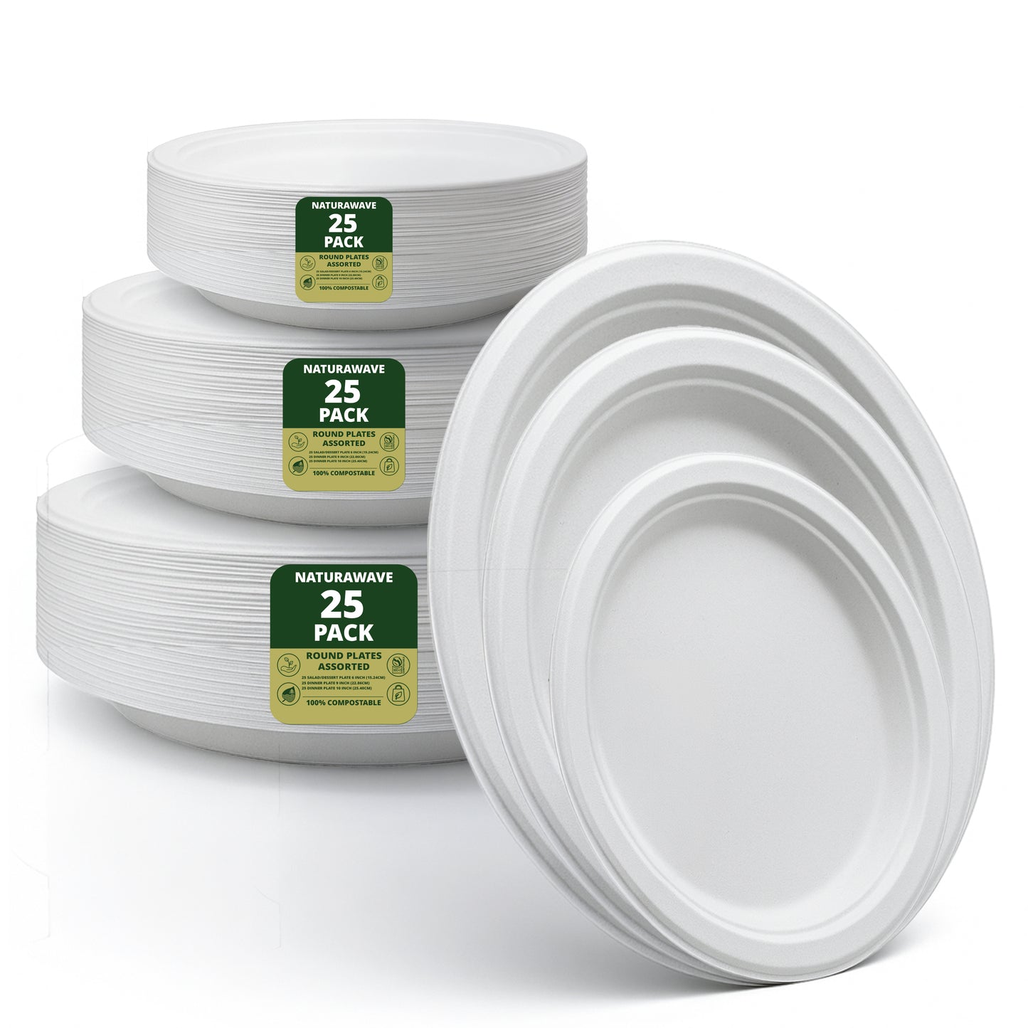 White Round Disposable Plates [75-Pack] – Includes 25 6-Inch, 25 9-Inch, and 25 10-Inch Plates – Multipack Family Set