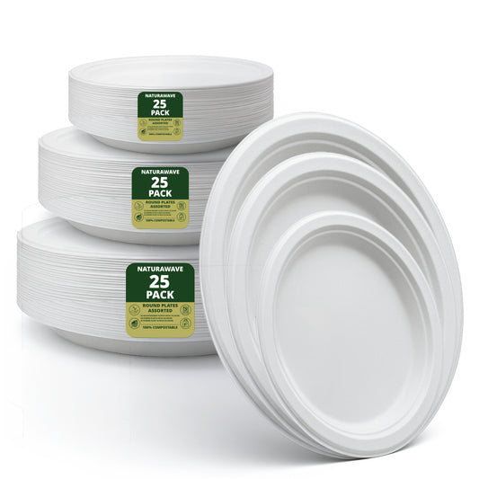 White Round Disposable Plates [75-Pack] – Includes 25 6-Inch, 25 9-Inch, and 25 10-Inch Plates – Multipack Family Set