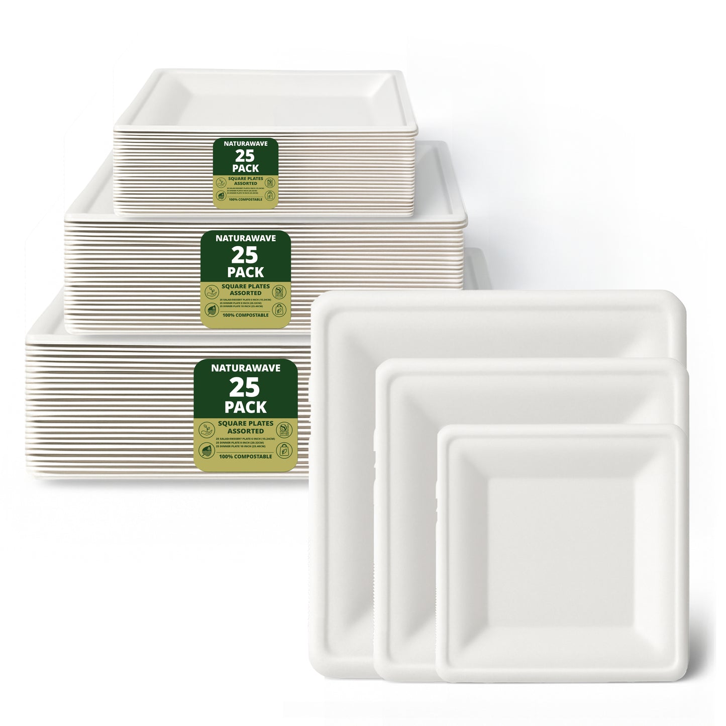 White Square Disposable Plates [75-Pack] – Includes 25 6-Inch, 25 8-Inch, and 25 10-Inch Plates – Multipack Family Set