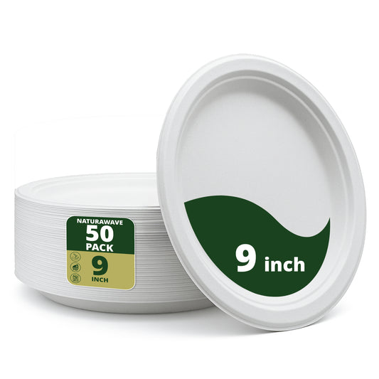 Compostable Round Plates Heavy-Duty [50-Pack] Eco-Friendly White Bagasse Disposable Dinner Plates From Natural Sugarcane