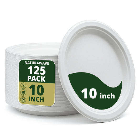 Compostable Paper Plates Heavy-Duty [125-Pack] Eco-Friendly White Bagasse Disposable Dinner Plates From Natural Sugarcane