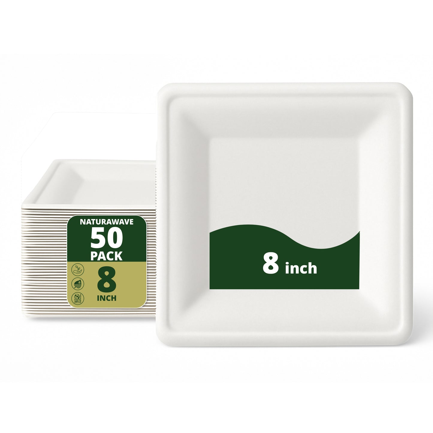 Square Paper Plates, [50-Pack] Compostable Disposable Plates, Eco-friendly Heavy Duty Biodegradable Sugarcane Plates